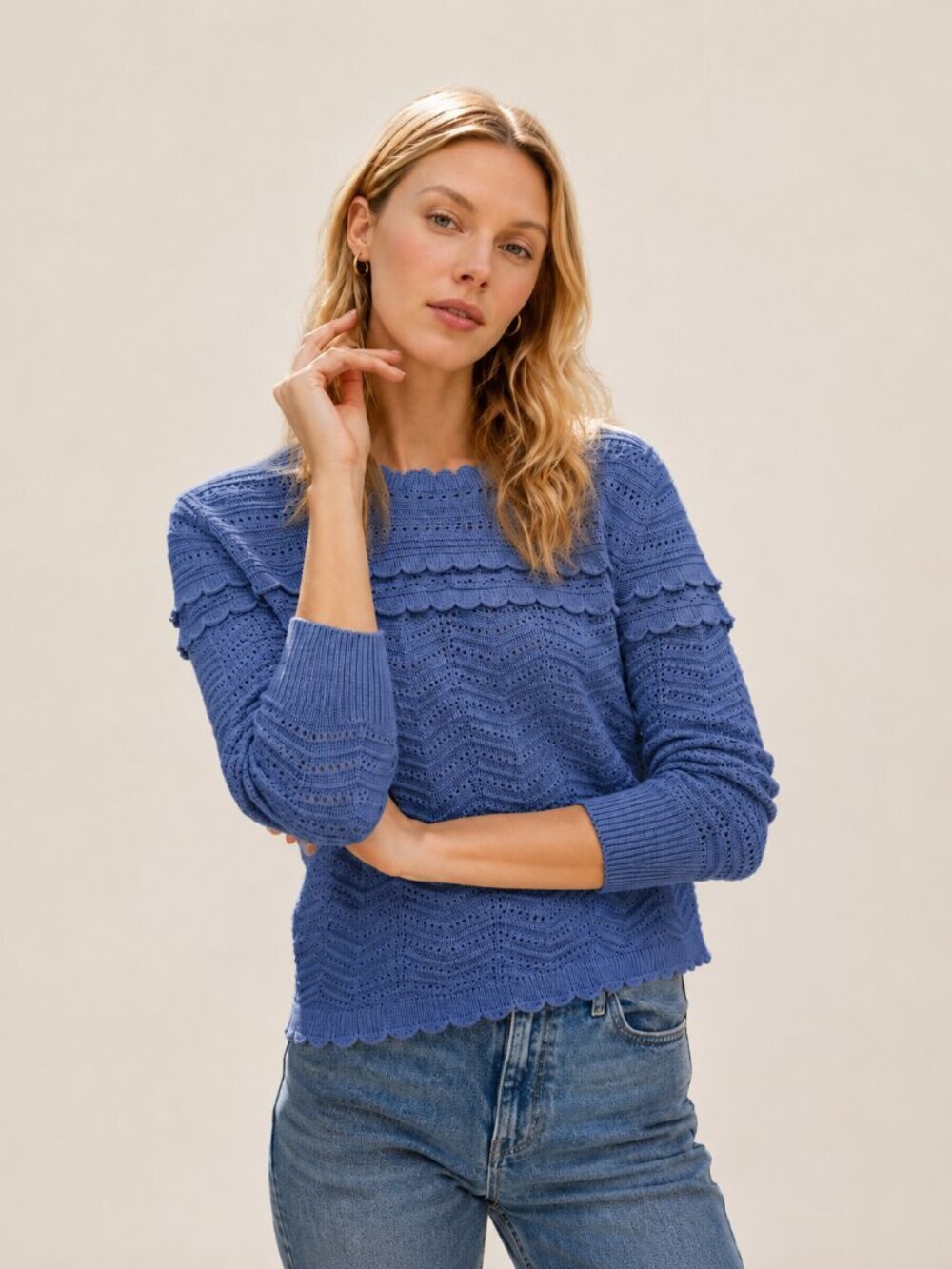 2/$30 J. Crew Crewneck Scalloped Pointelle Sweater Periwinkle Blue Medium #A2878